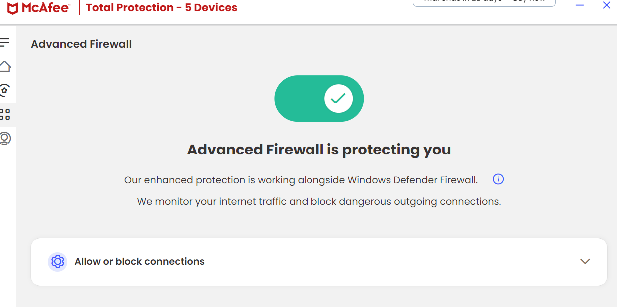 A snapshot showing McAfee firewall on a Windows app 